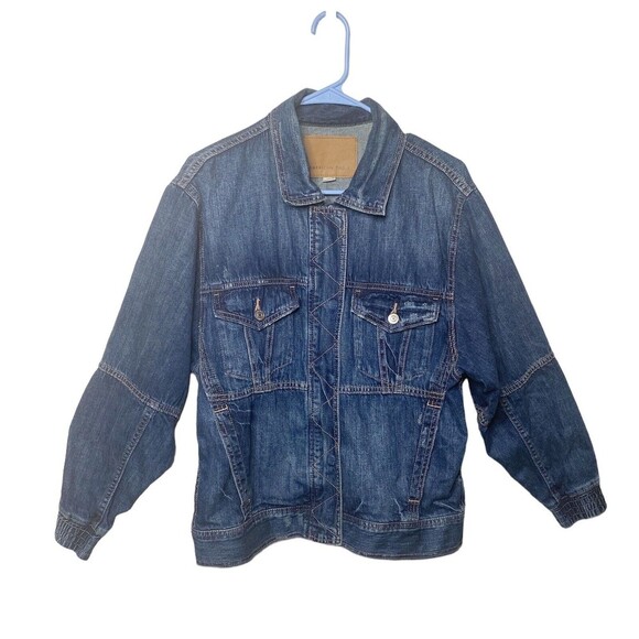 American Eagle Jean Jacket Button Zip Up Women Blue Pockets SZ Small Oversized - Picture 2 of 12